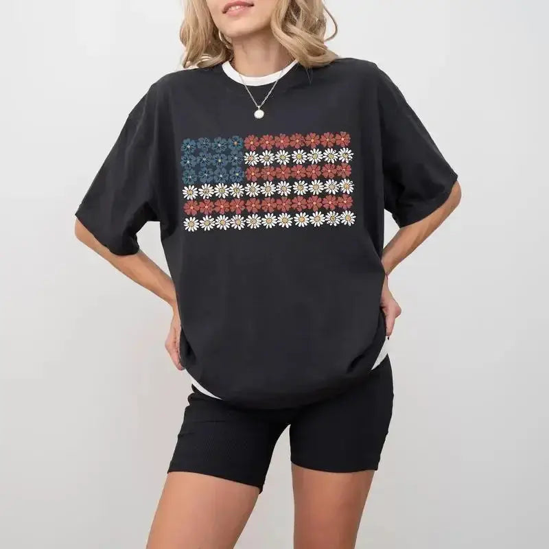 Women’s  T-Shirt – Soft Cotton Tee with American Flag Flower Graphic and Everyday Comfort Fit