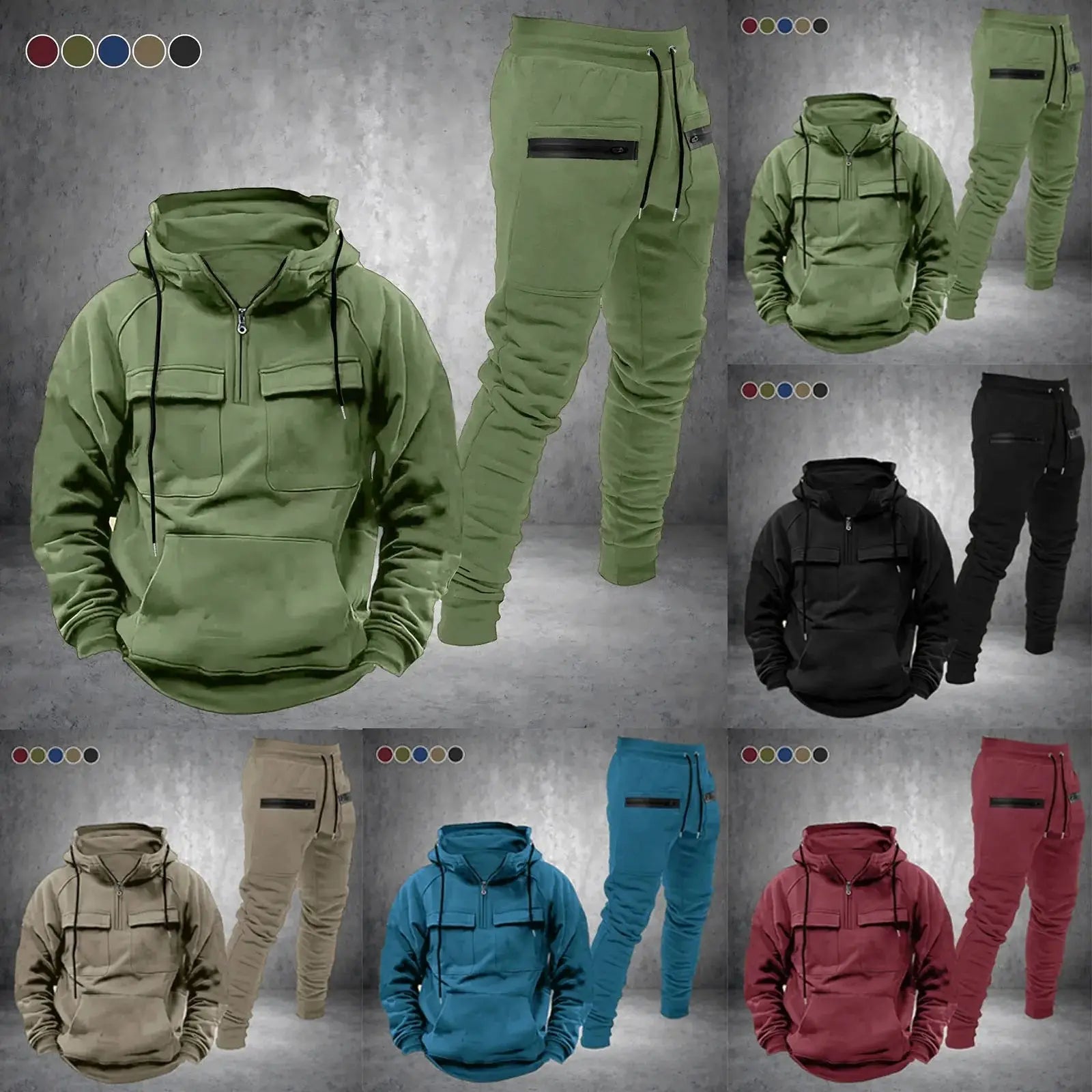 Men’s 2-piece tracksuit with half-zip hoodie and matching pants in multiple solid colors, ideal for casual wear or athletic training.