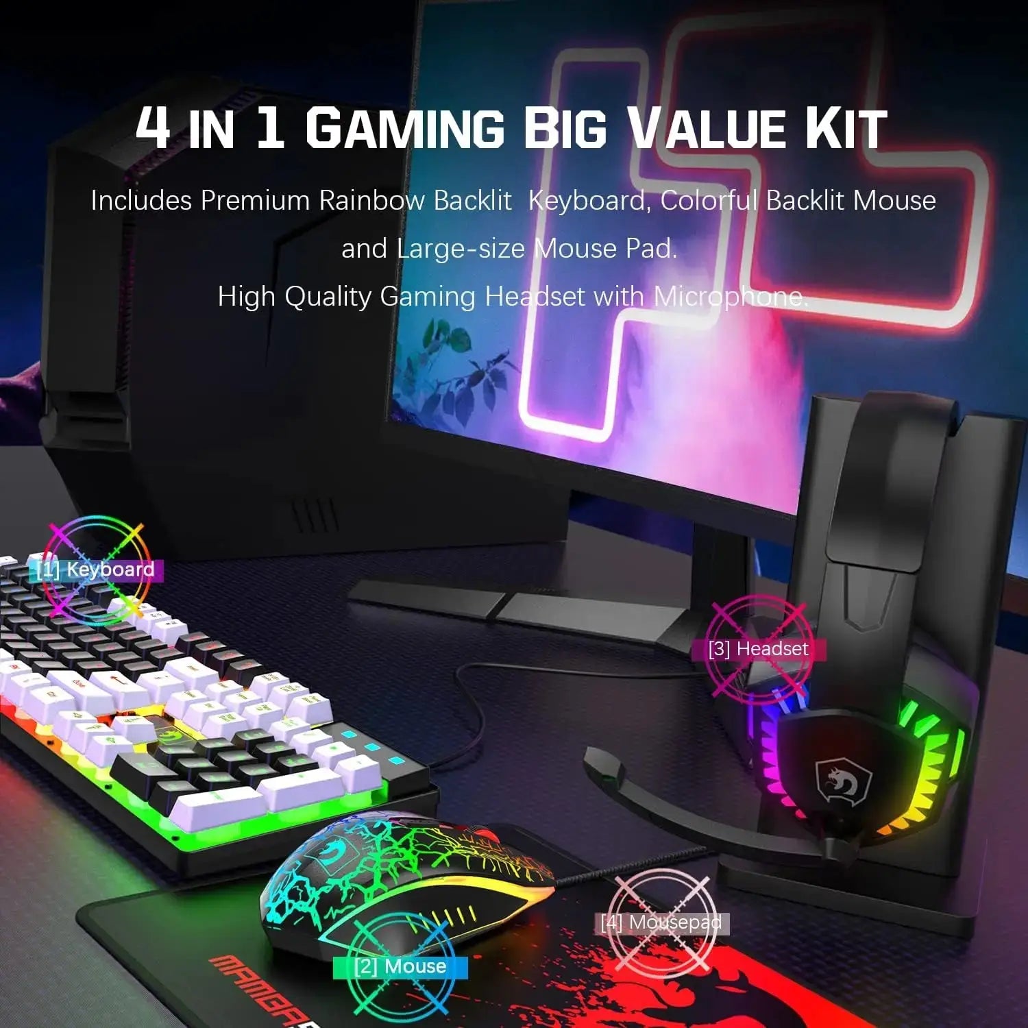 Gaming Combo Set, Wired Keyboard and Mouse with Rainbow LED Backlit and Headset for PC and Console
