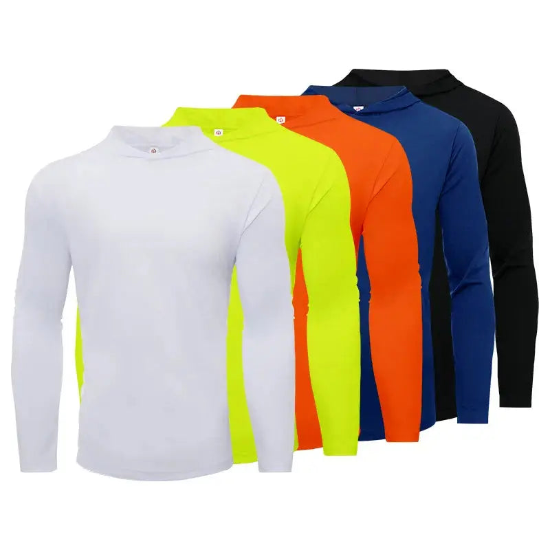 Mens 5-piece sportswear set with long sleeve hooded T-shirts in white, neon yellow, orange, navy blue, and black for running and fitness.
