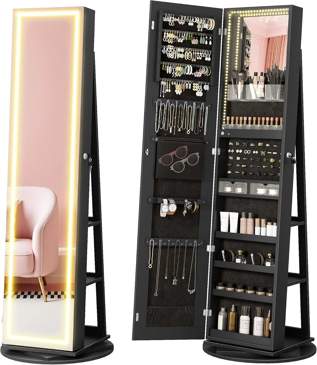 Standing jewelry cabinet with mirror