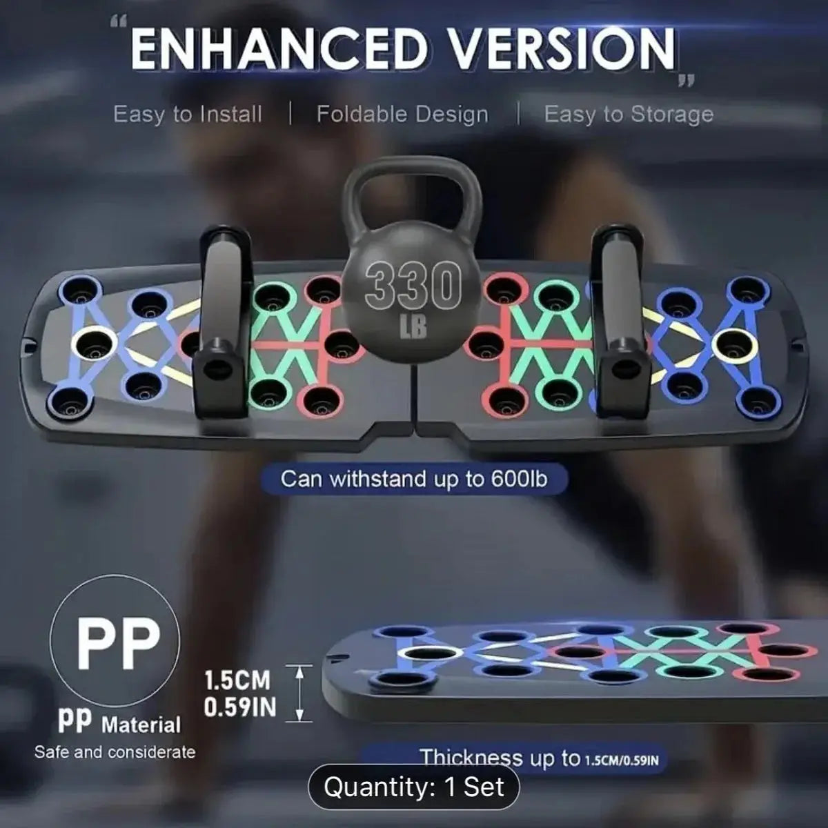 Enhanced version of multifunction push-up board with 600lb weight capacity, foldable design, and color-coded positions for varied upper body workouts.