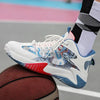 Men's basketball shoes with blue and red design on court