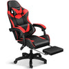 Red and black ergonomic gaming chair with footrest