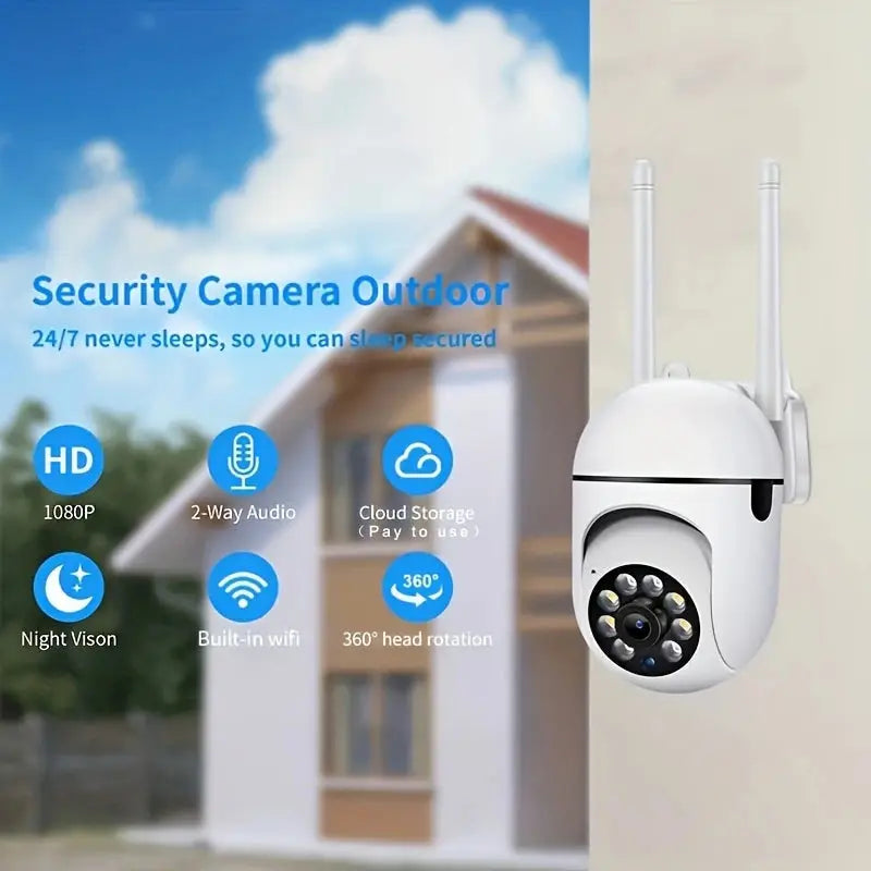 Outdoor WiFi Security Camera 1080P HD with 360° rotation, 2-way audio, night vision, and built-in WiFi, offering 24/7 home surveillance and cloud storage.