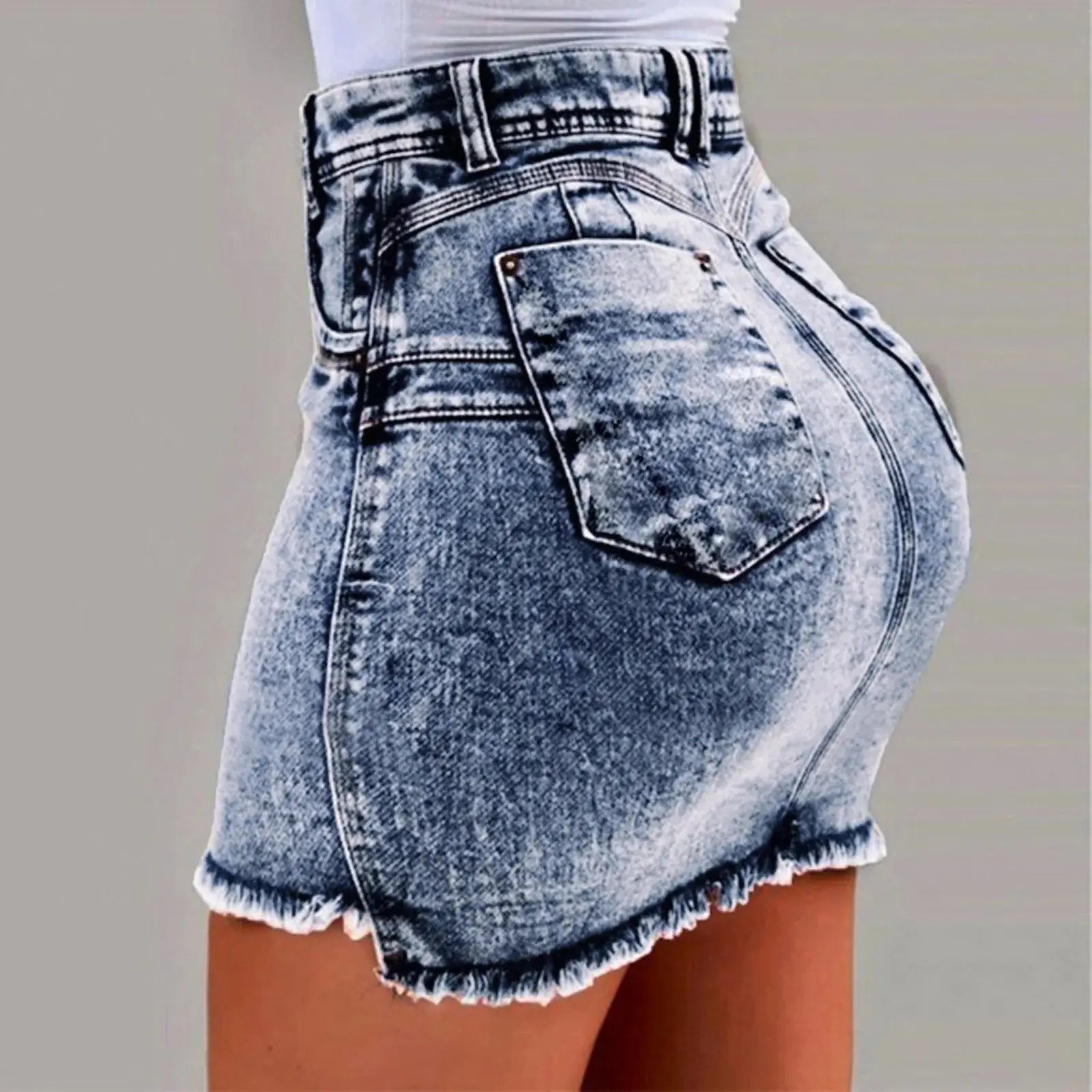 Women’s denim mini skirt, high-waisted summer style with washed finish and slim casual cut
