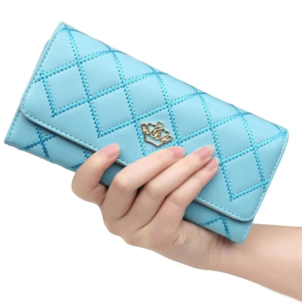 Women’s long PU leather wallet with crown detail, bifold card holder and phone organizer purse for daily use