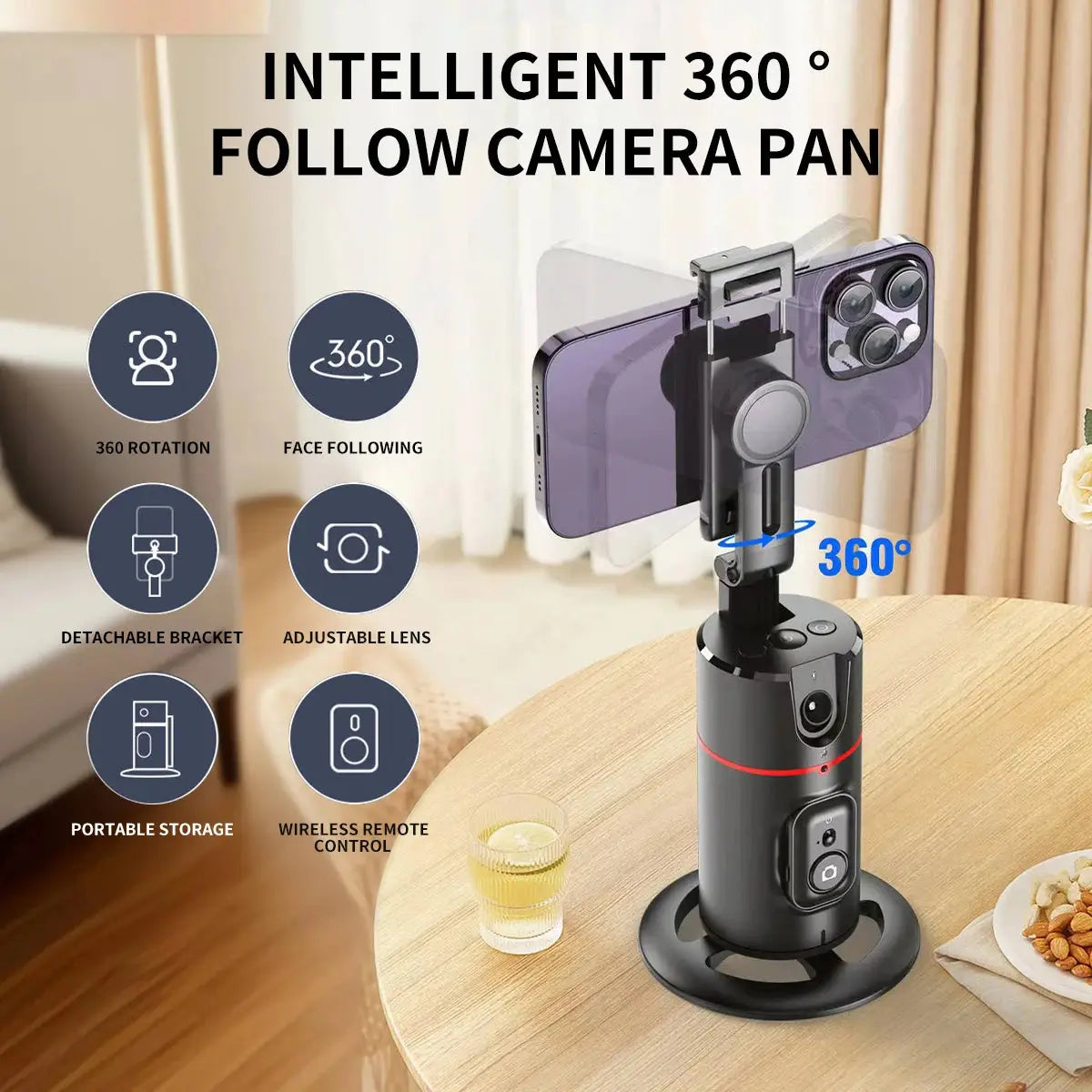Intelligent 360° follow camera pan gimbal stabilizer with face tracking, adjustable lens, and wireless remote for smartphone photography.