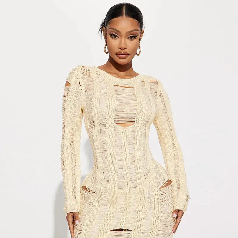 Women’s Hollow Out Long Sweater Dress – O-Neck Bodycon Party Dress for Fall, Club & Streetwear