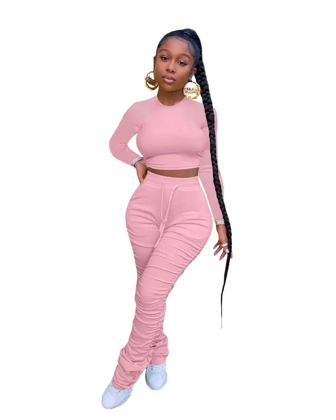 Pink Women’s Autumn Two-Piece Sportswear Set featuring a slim-fit crop top and ruched stacked pants, ideal for casual fashion.