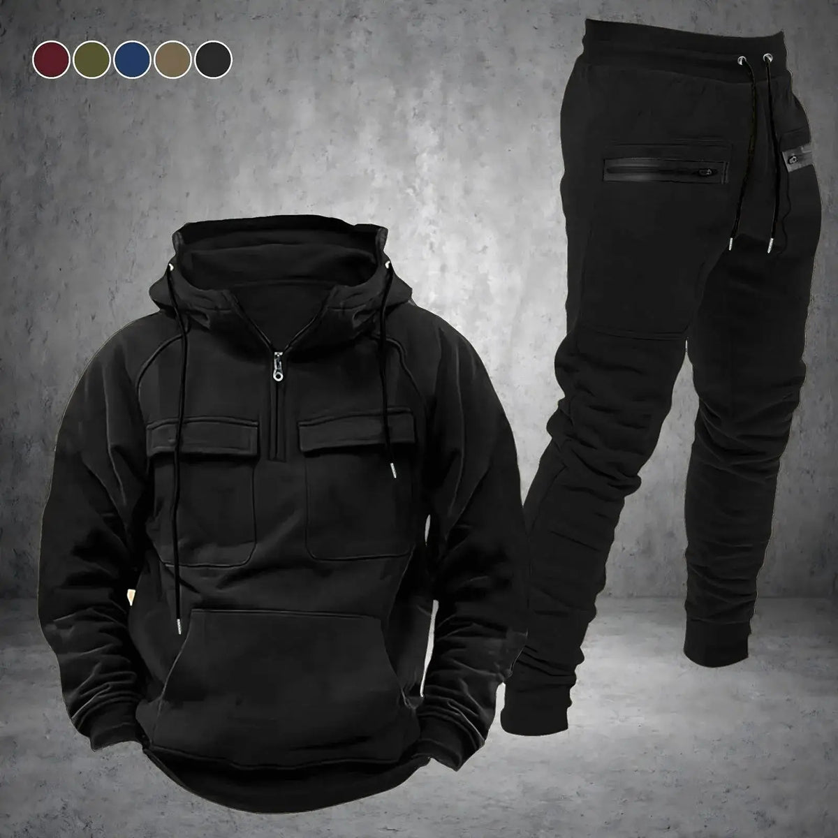Black men’s 2-piece tracksuit set with half-zip hoodie and jogger pants, displayed with other color options for training or casual outfits.