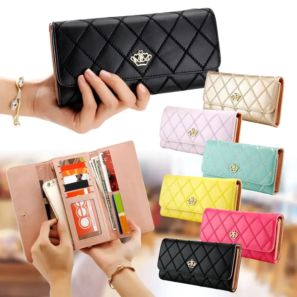Women’s long PU leather wallet with crown detail, bifold card holder and phone organizer purse for daily use