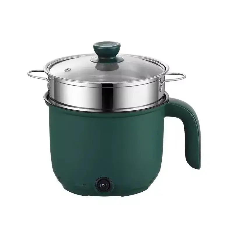 1.5L green electric multifunctional cooking pot with glass lid and stainless steel steamer insert, ideal for rice, soups, and daily home meals.