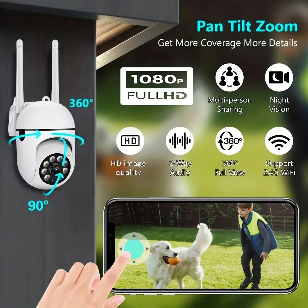 WiFi Security Camera 1080P HD with 360° pan and 90° tilt, shown monitoring a yard with live feed on smartphone. Features include 2-way audio and night vision.