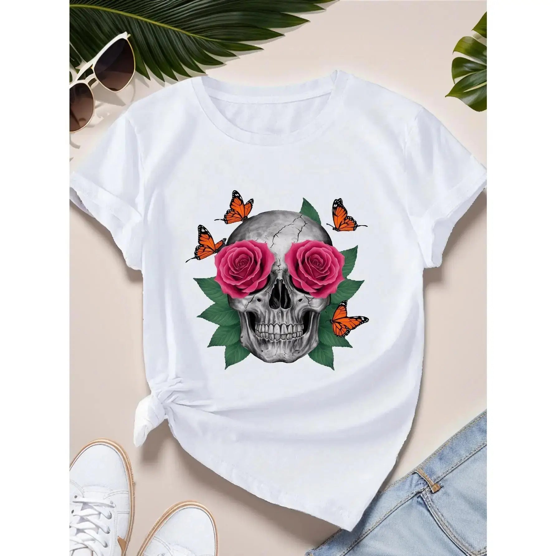 Plus Size Women’s Skull & Butterflies Graphic T-Shirt – Soft Cotton Short Sleeve for Casual Sportswear