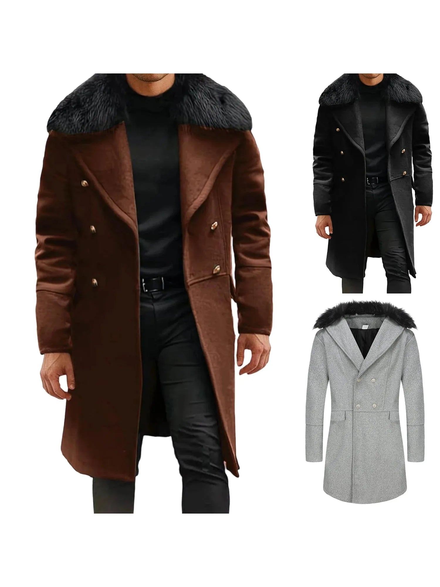 Men’s Long Coat Wool Blend With Fur Collar And Double Breast