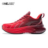 Red cushioned running shoe with dark sole