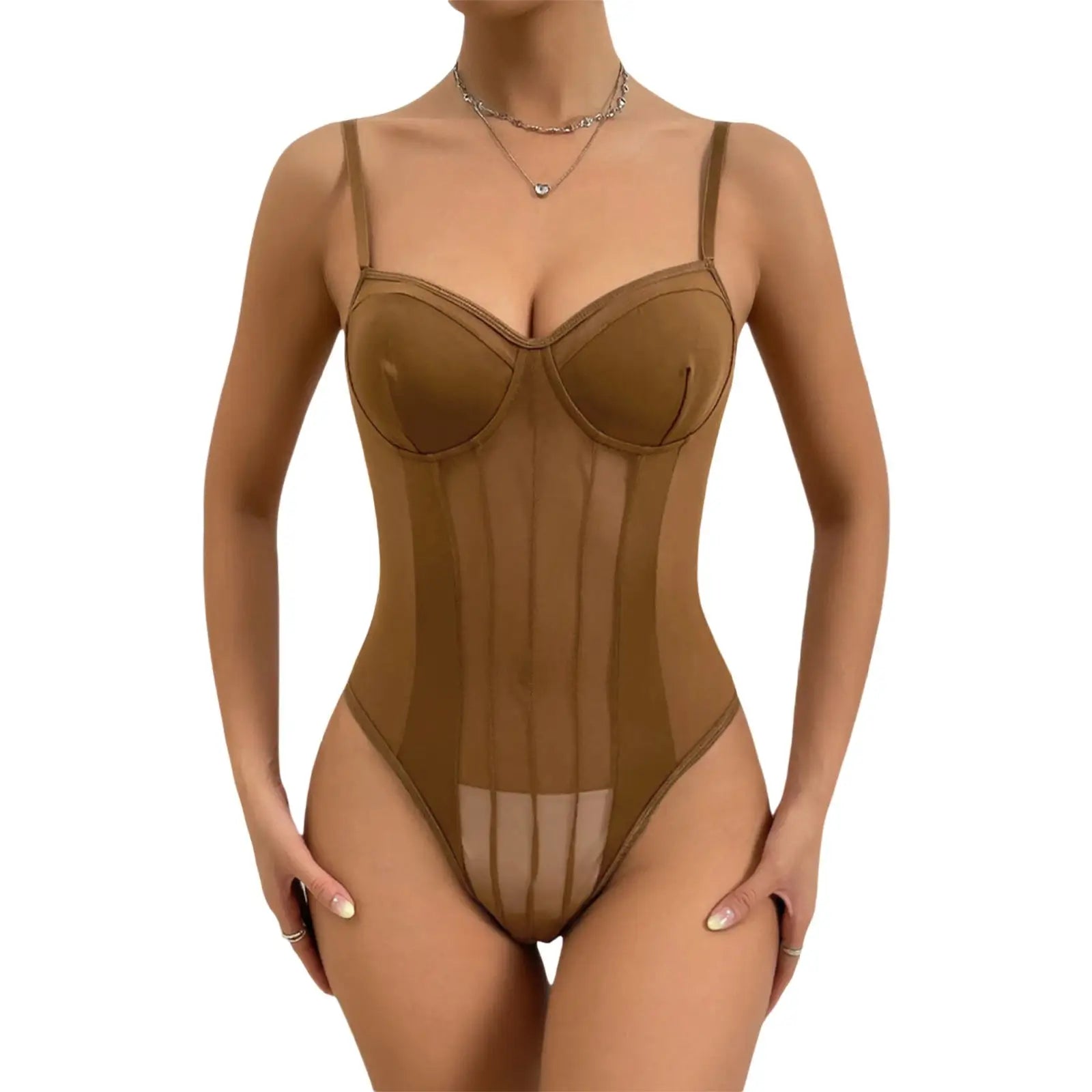 Front view of brown mesh camisole bodysuit featuring sheer fabric and structured bust, perfect for summer clubwear and fashion outfits.