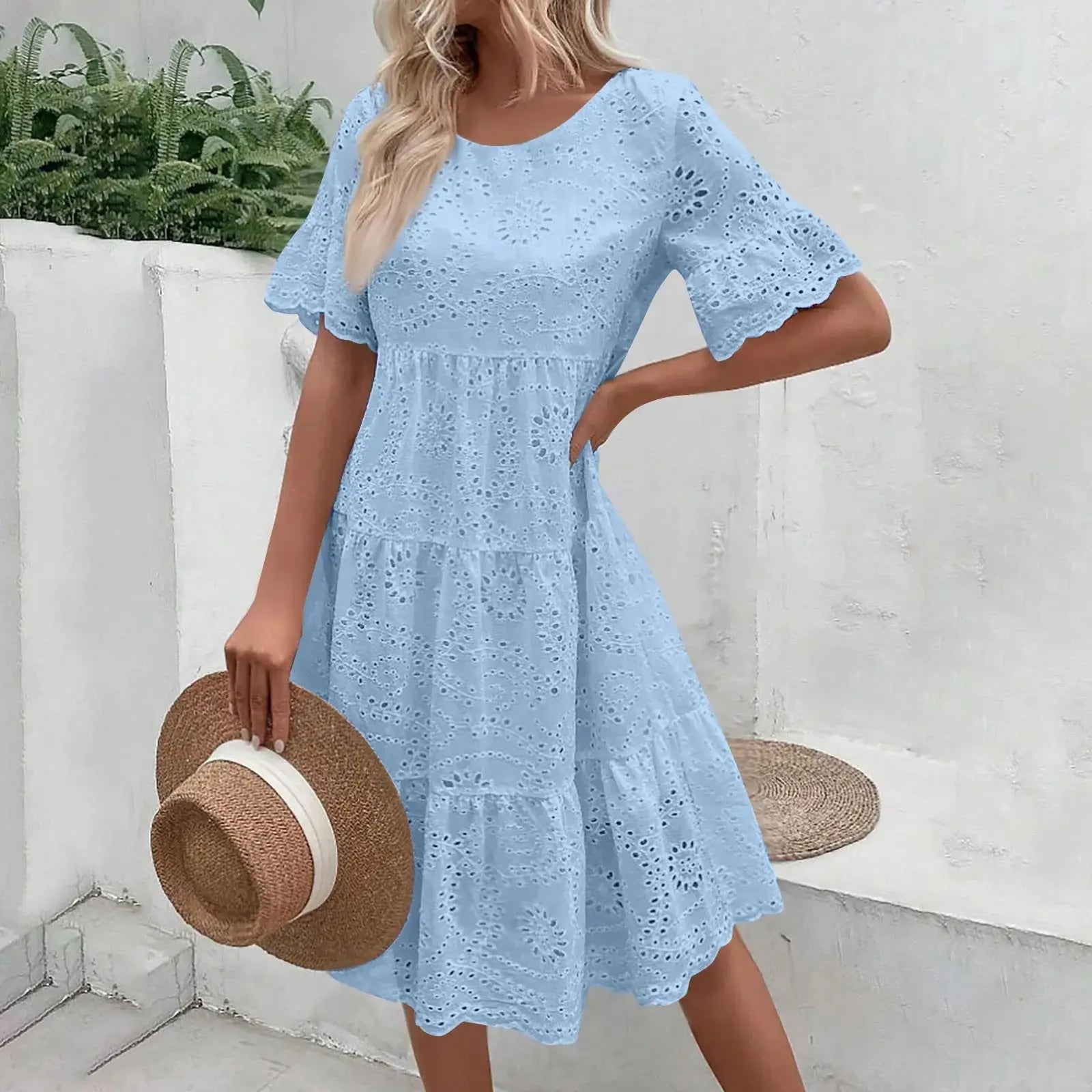 Women’s boho white lace dress, casual short sleeve sundress with pleats and hollow-out details