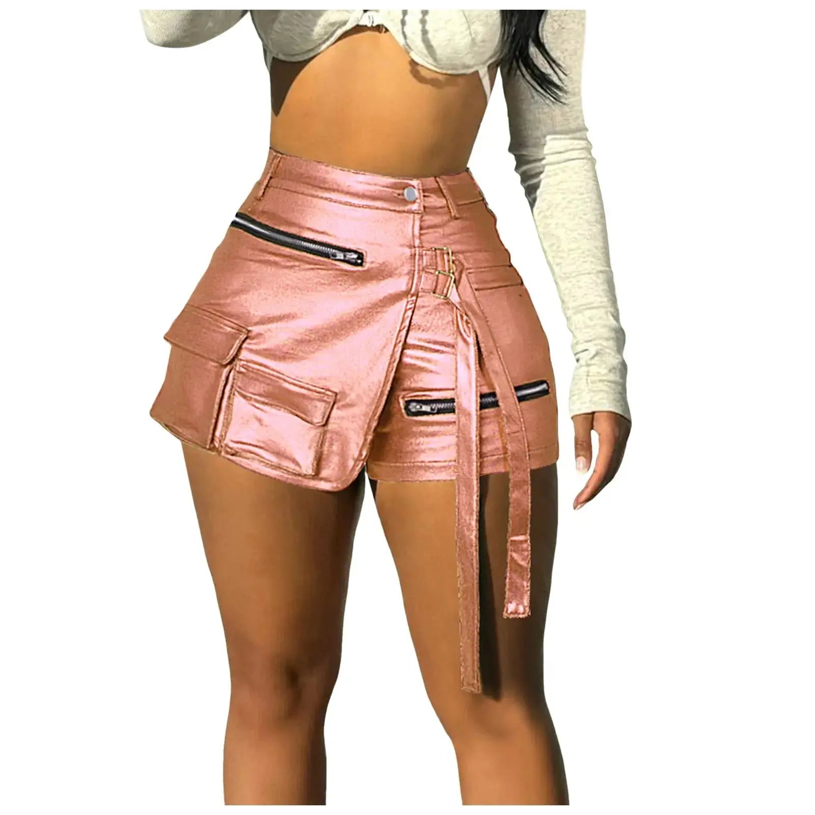 Women’s faux leather shorts, solid color slim fit design with side zipper and patchwork-style seams