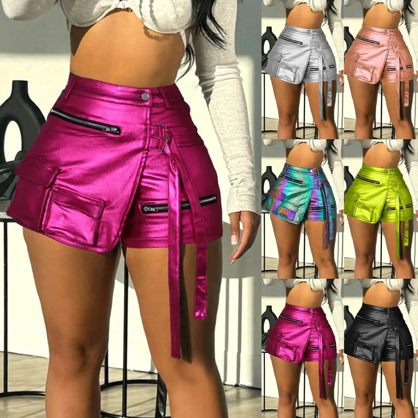 Women’s faux leather shorts, solid color slim fit design with side zipper and patchwork-style seams