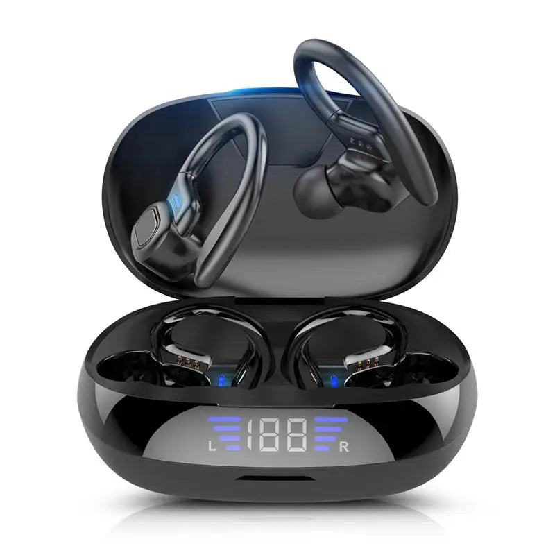 True Wireless Sports Earbuds with Ear Hooks – Waterproof TWS Headphones with HiFi Stereo Sound & Built-in Mic – Secure Fit for Workouts & Outdoor Use
