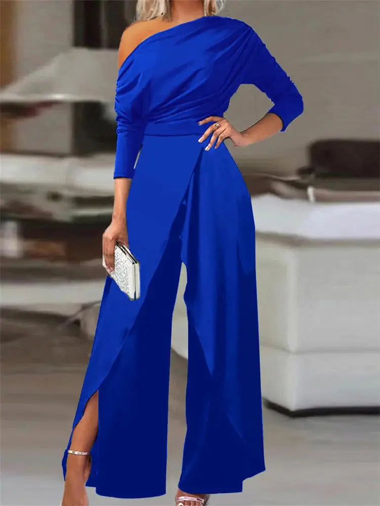 Elegant blue off-shoulder women's overalls