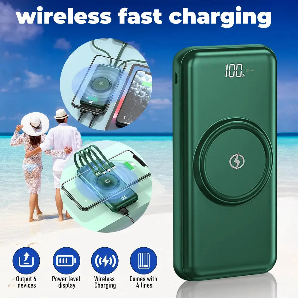 Wireless Power Bank 20000mAh Fast Charging with Built-in 4 Cables for iPhone 13–15 & Android Devices