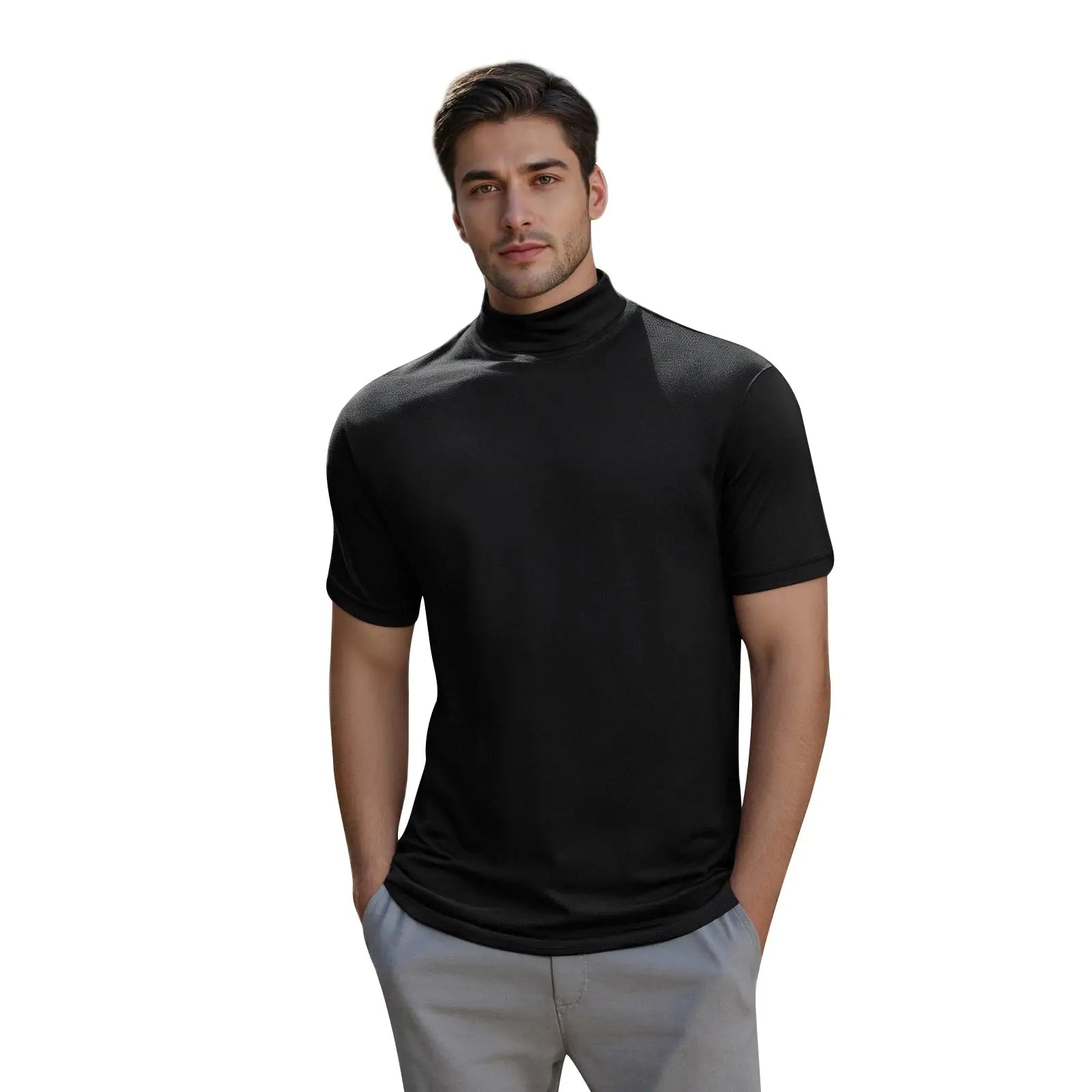 Men’s Casual High-Neck T-Shirt – Solid Color Short Sleeve Basic Tee for Summer Everyday Wear
