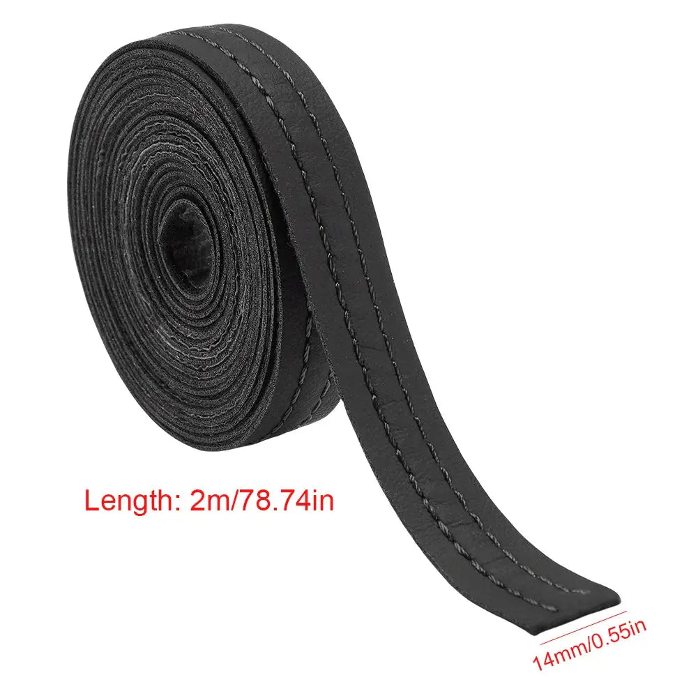 Black-stitched 2M PU leather trim strip, 14mm wide, suitable for customizing car dashboards and door panels.