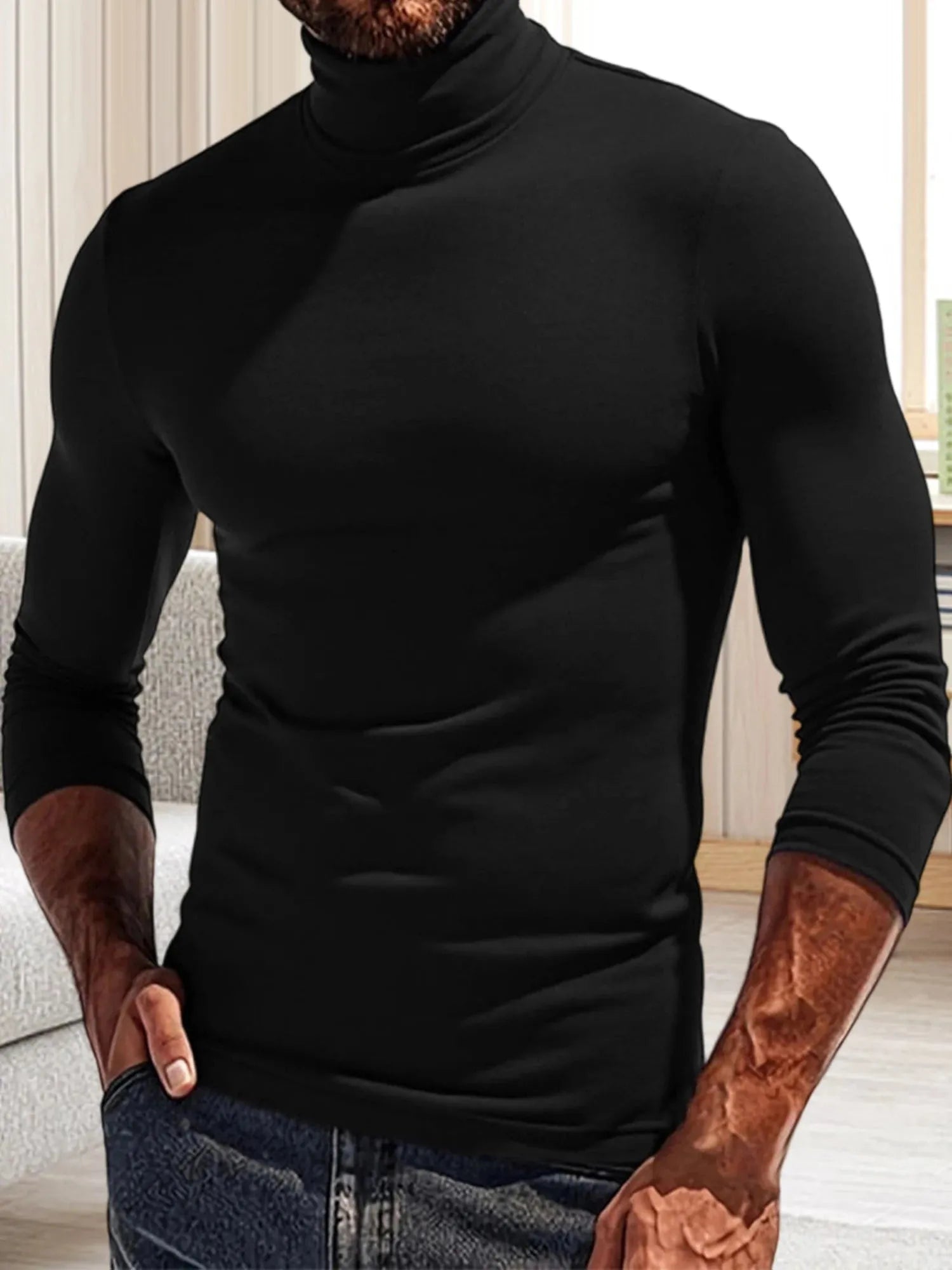 Men’s Long Sleeved Shirt Slim Fit Solid Turtleneck Tee