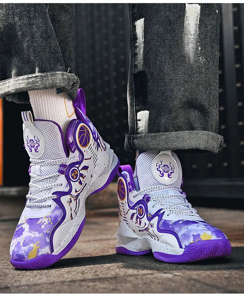 Purple graffiti men's basketball sneakers worn outdoors, designed for comfort, breathability, and grip on hard court surfaces.