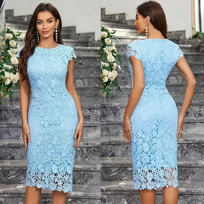 Womens Blue Lace Mini Dress Sleeveless Ruffle Design Hollow-Out Slim Fit for Evening & Party