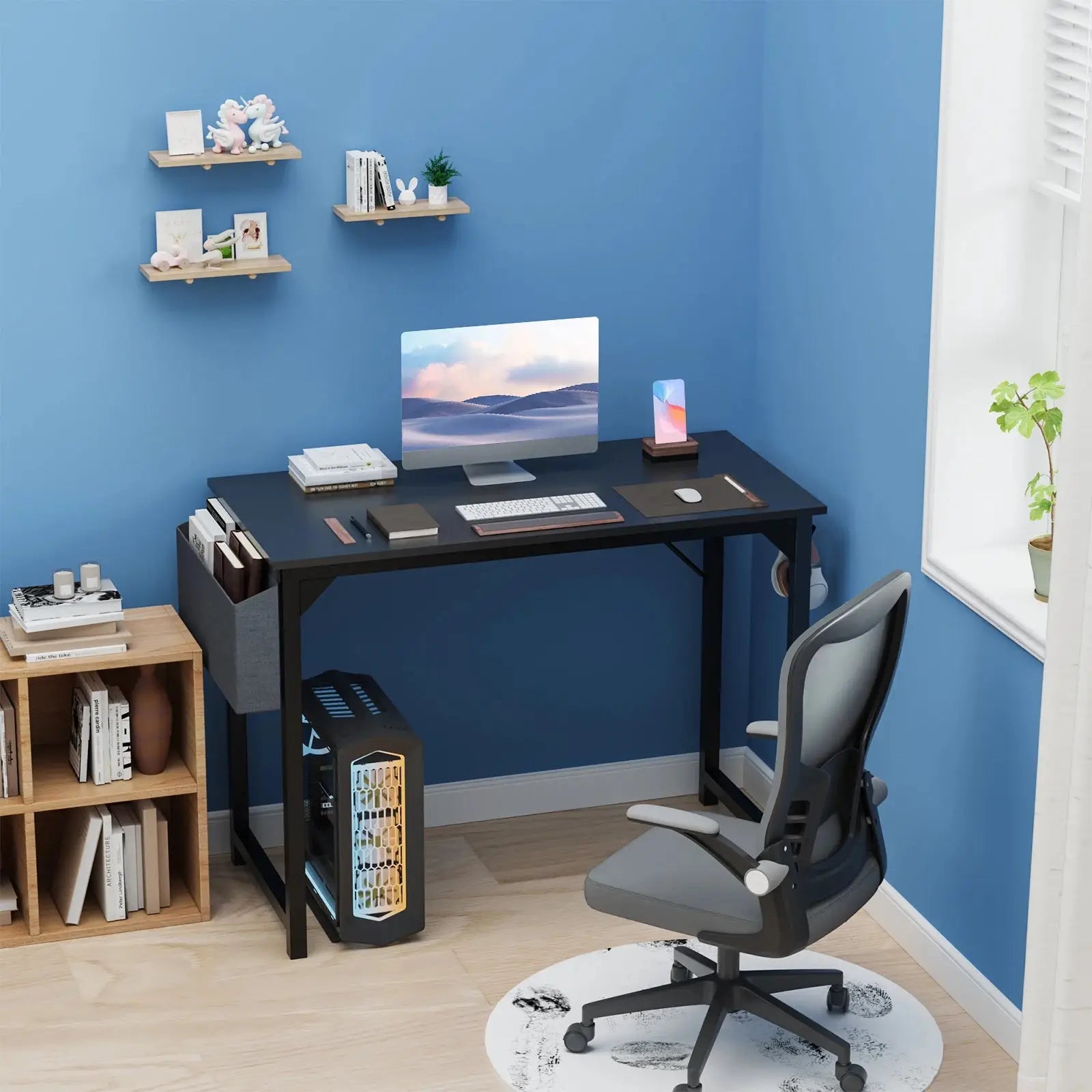 JHK Computer Desk – Modern Compact Office Table with Side Bag & Headphone Hook, Easy to Assemble