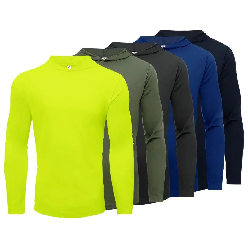 Mens 5-piece sportswear set with long sleeve hooded T-shirts in neon yellow, green, black, navy, and dark blue, ideal for running and fitness.