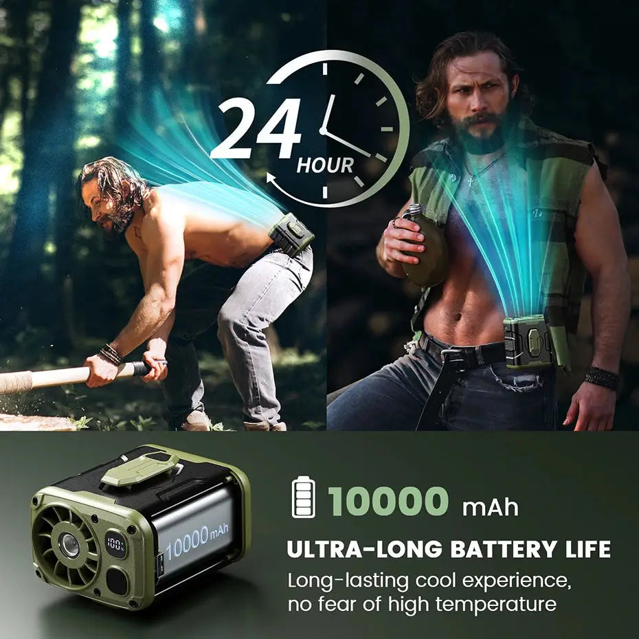 10000mAh Portable Waist Fan with Power Bank – 5-Speed Hanging Neck Cooling Fan with LED Light for Outdoor Work