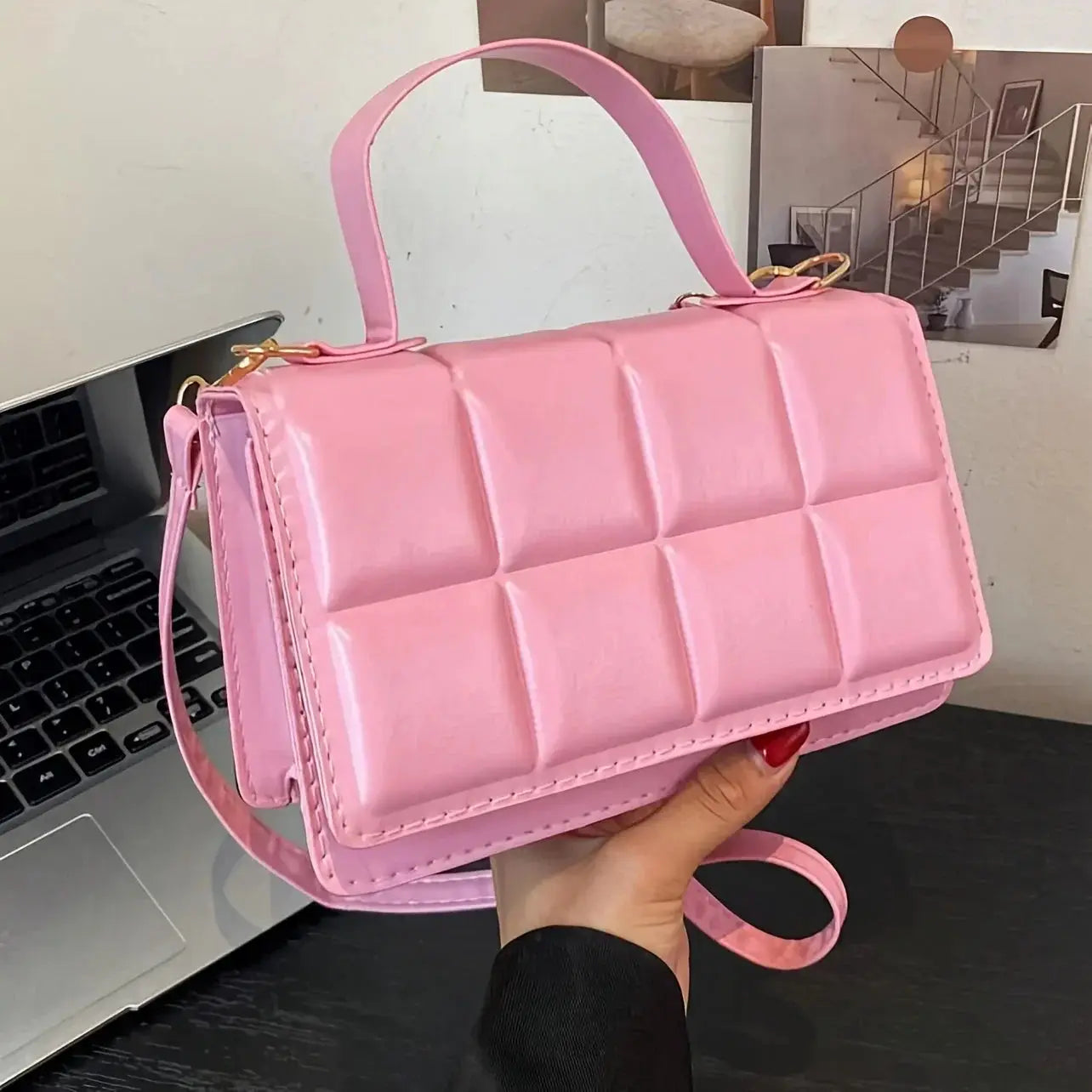 Women’s Mini Quilted Shoulder Bag | Solid Color Faux Leather Square Purse with Adjustable Strap