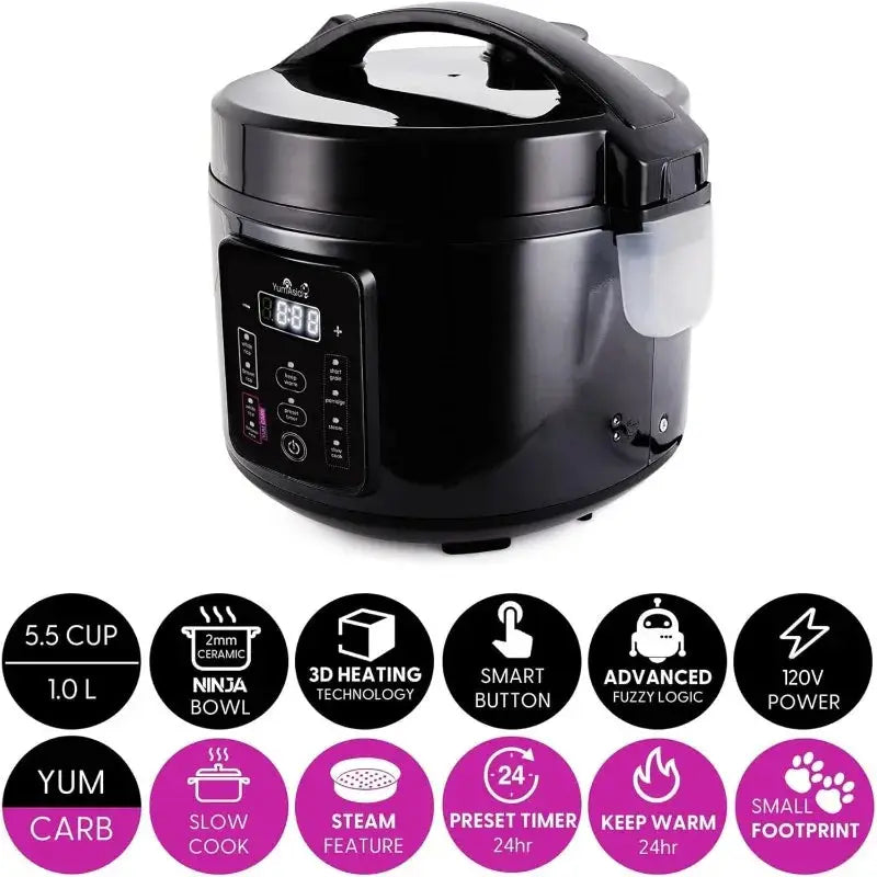 Yum Asia Kumo Rice Cooker – 5.5-Cup Ceramic Bowl with Fuzzy Logic, 110V US Power, Dark Stainless Steel
