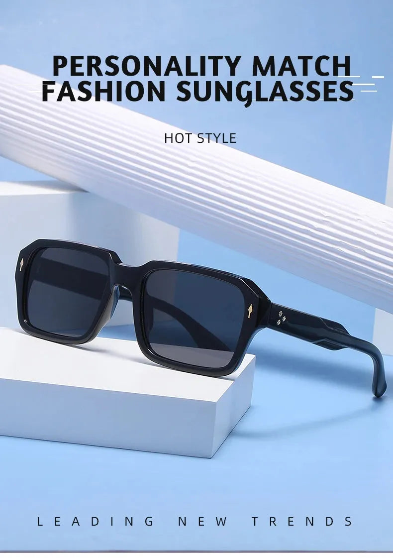Retro Square Sunglasses with UV Protection and Rivet Detail