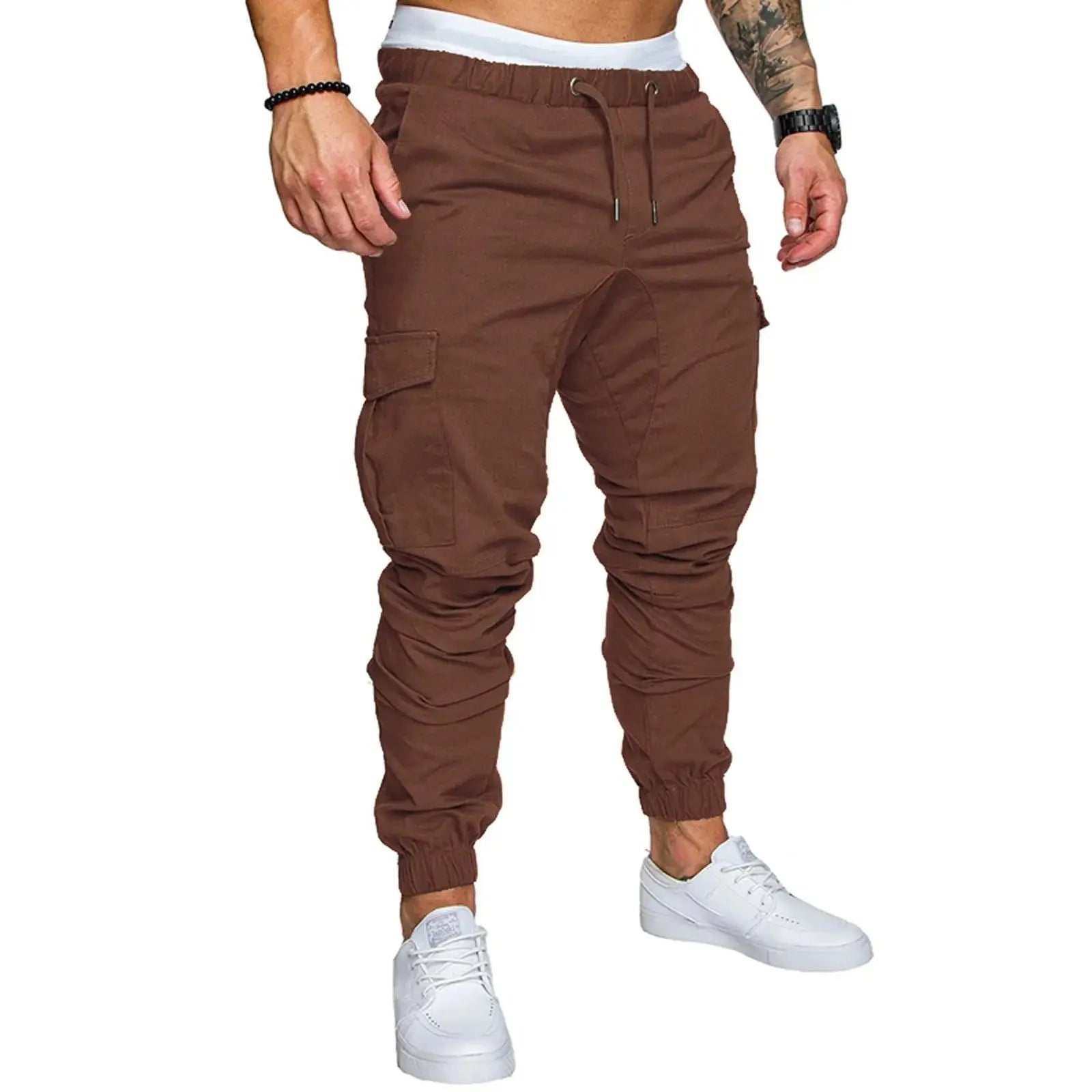 Brown men’s ankle-tied skinny cargo pants with drawstring and utility pockets, designed for workwear and casual use.