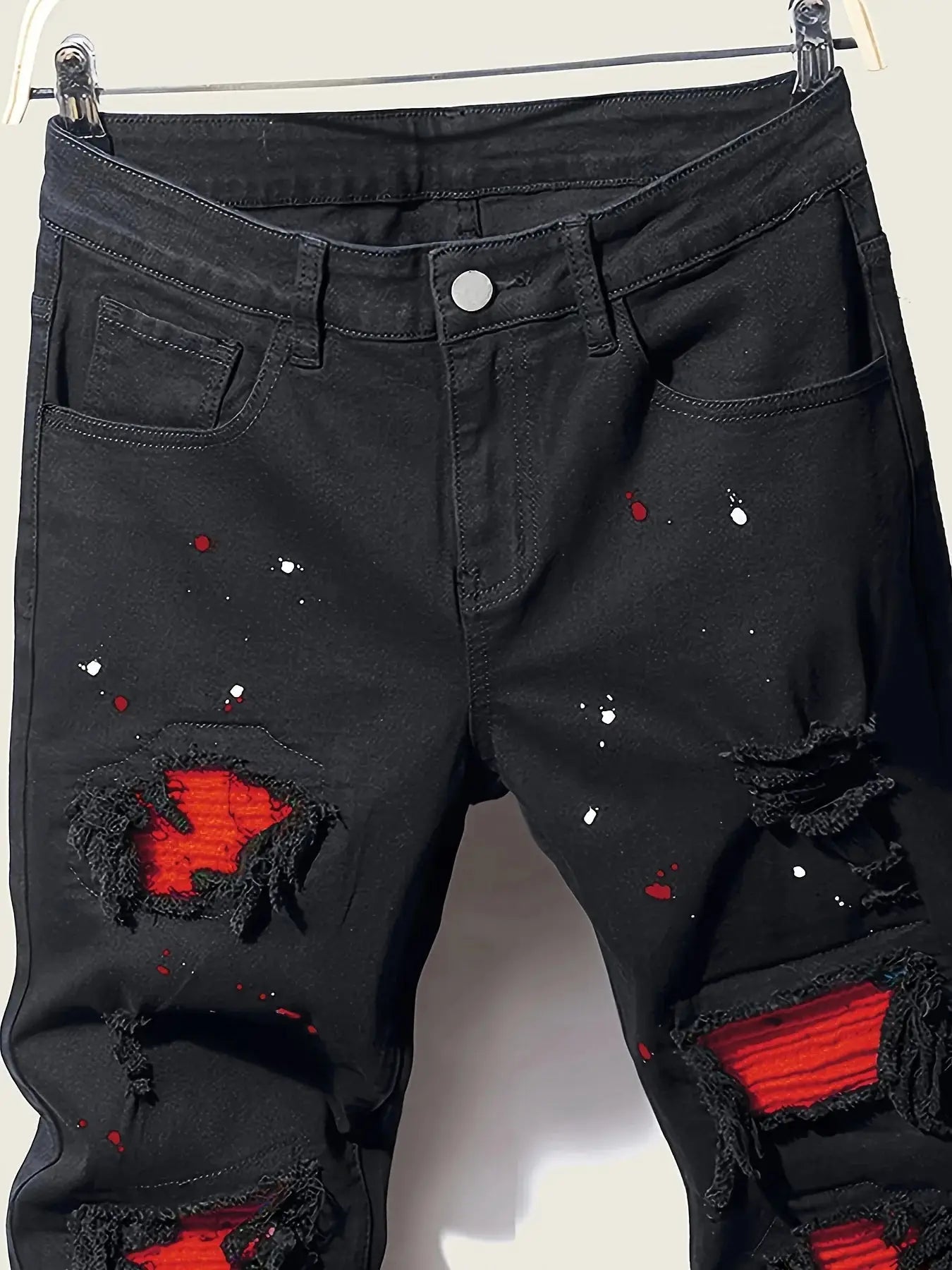 Men’s Splash-Ink Patchwork Jeans – Artistic Streetwear Denim with Unique Paint Effect & Panel Stitching
