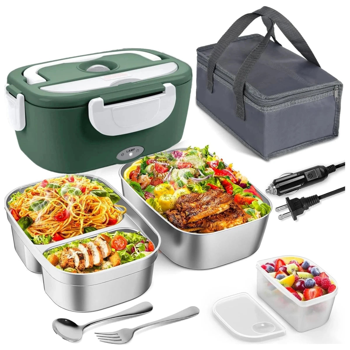 Green and white electric lunch box with 1.5L stainless container, carry bag, and dual voltage support for portable hot meals.