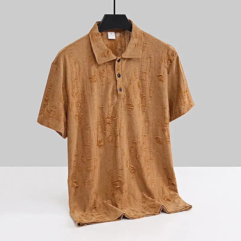 Brown men’s short sleeve T-shirt with buttoned V-neck and distressed texture, designed for casual summer fashion.