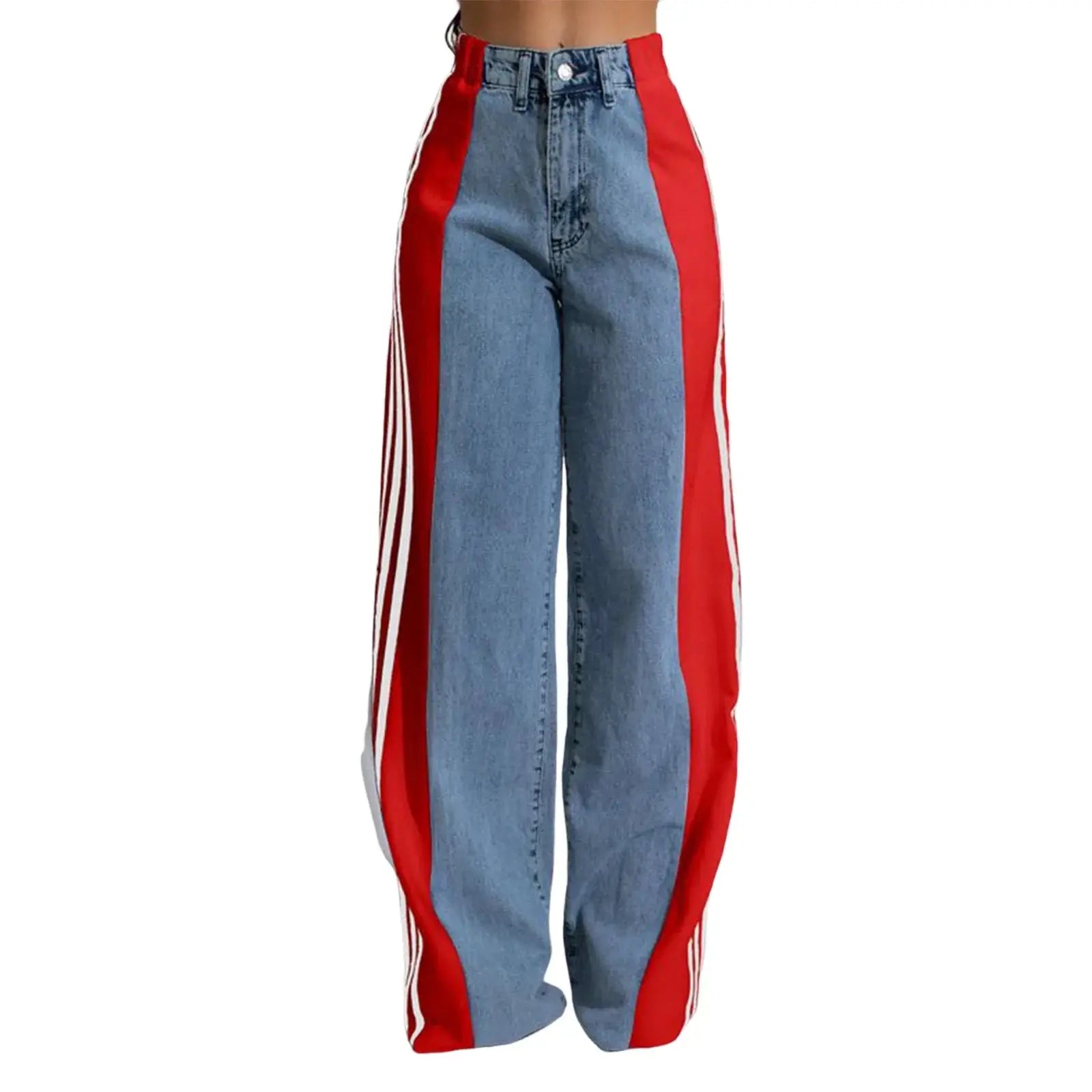 Women’s high waist wide leg jeans in blue denim with red side stripes, baggy fit ideal for spring fashion and casual wear.