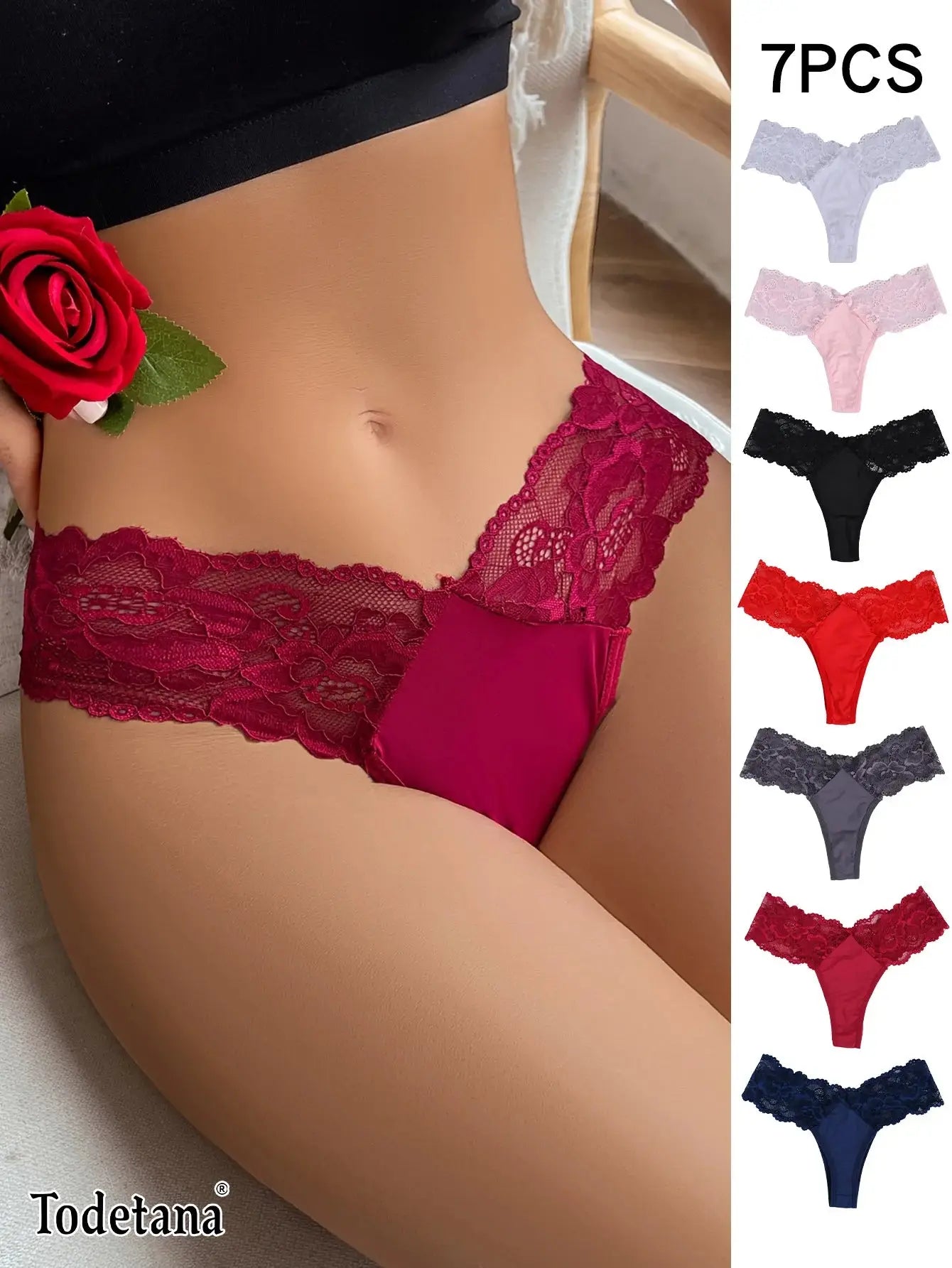 7-piece lace thong bikini set for women in multicolor with soft low-rise briefs, ideal for comfortable everyday underwear wear.