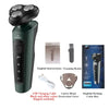 Green electric shaver set with accessories and packaging