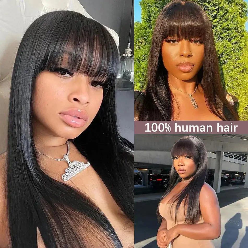 Bone Straight Human Hair Wig with Bangs – 3x1 Lace Middle Part Bob Wig for Women – Brazilian Remy Hair
