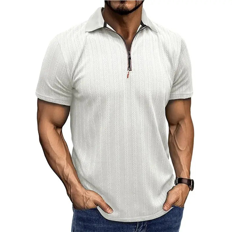Men’s Jacquard Zip Polo Shirt – Short Sleeve Turn-Down Collar Top for Stylish Summer Casual Looks