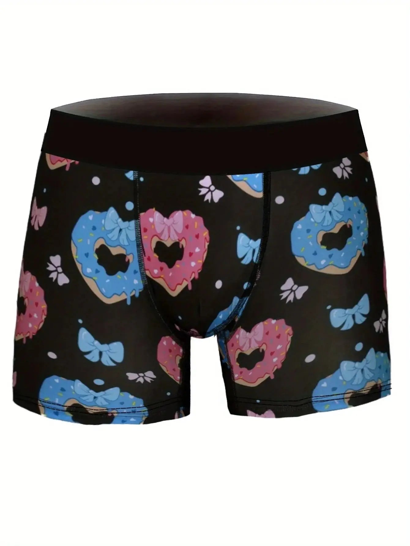 Black men's boxer briefs with colorful donut pattern, included in 10-pack breathable and quick-dry sports trunks.