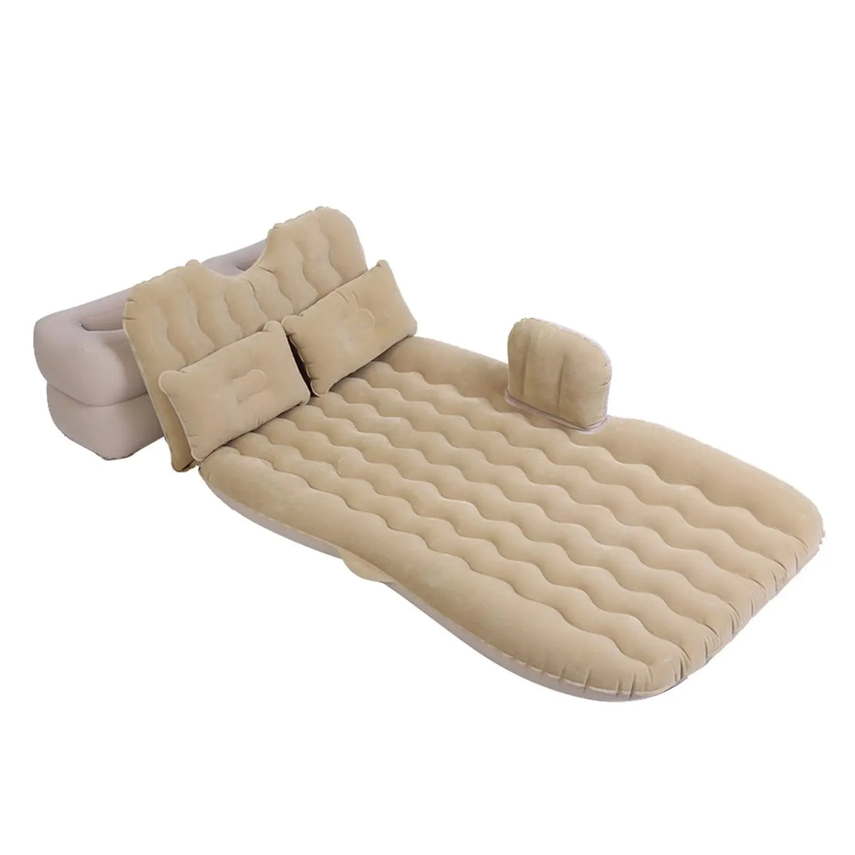 Beige inflatable air mattress for car back seat with headrest and pillows, ideal for camping, travel, and home relaxation.